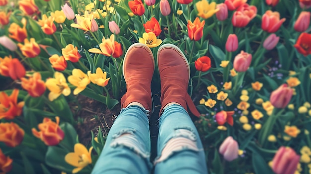 Legs of a Relaxing Girl Lying on Spring Tulip Flowers