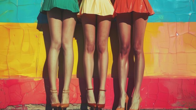 Photo legs of three women in colorful clothes and skirts