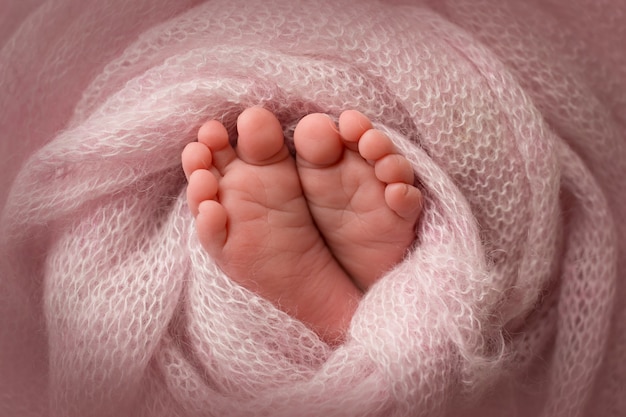 Legs, toes, feet and heels of a newborn baby. Wrapped in a gray, beige, pink, white knitted blanket. Black and white photo. High quality photo