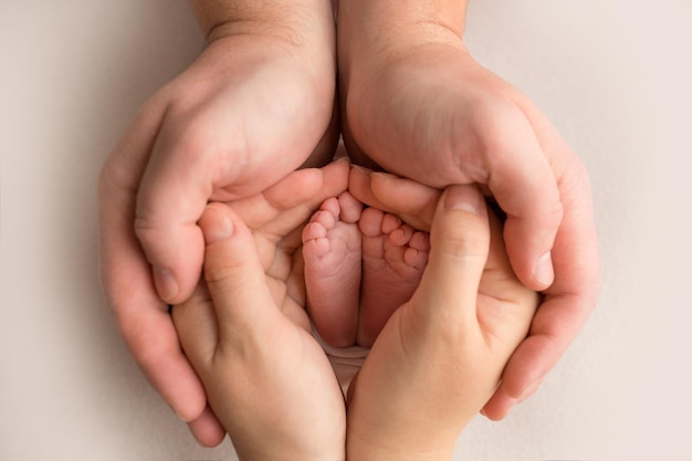 Legs, toes, feet and heels of a newborn. With the hands of parents, father, mother gently holds the child's legs. Macro photography, close-up. . High quality photo