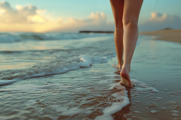 legs of a woman walking along the beach in the surf