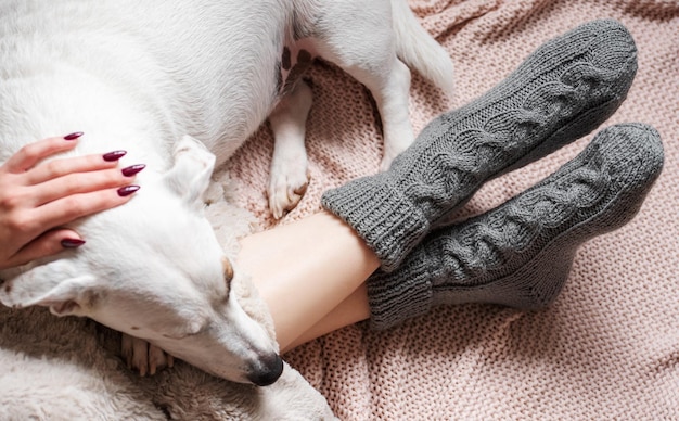 Legs of a young girl in cozy knitted socks