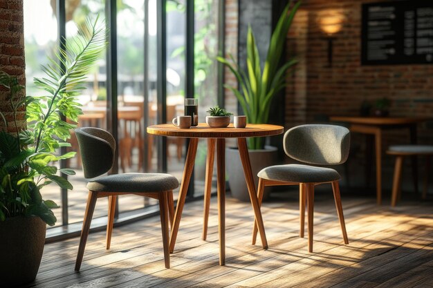 Photo leisure corner with wood chairs and table on wooden floor in coffee shop