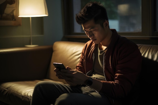 Leisurely Gaming Asian Man on Sofa with Phone