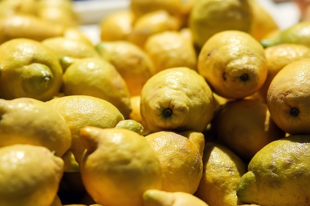 Lemon background on a shelf in market Organic eating Farmer's food Close up