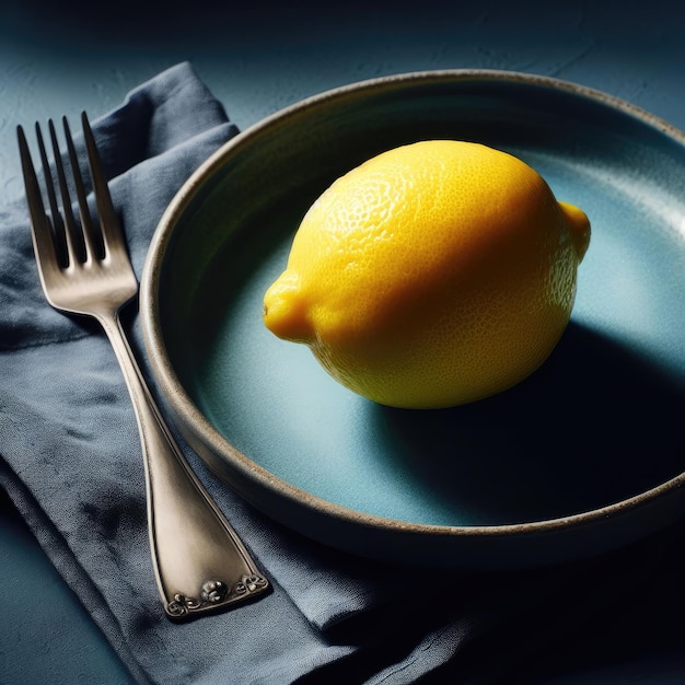 A lemon on a blue plate with a fork