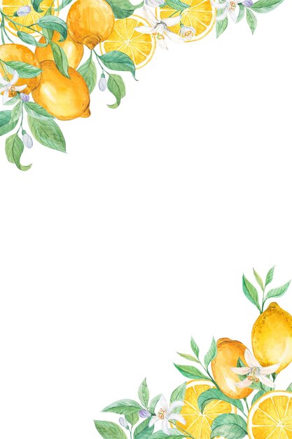 Photo lemon branches watercolor on a white background a composition with yellow fruits is placed in the corners vertical illustration for wedding invitation limoncello or lemonade label provence