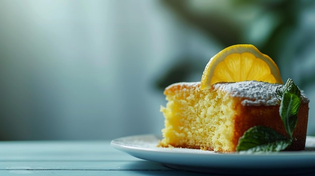 Photo lemon cake with fresh lemon slice on top for vibrant food photography