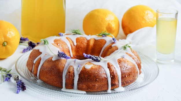 Lemon Cake with homemade limoncello and lavander