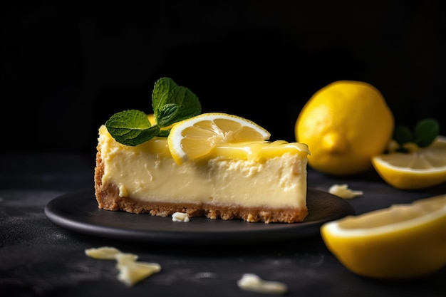 Lemon cheesecake with lemon on top on a plate in a black background