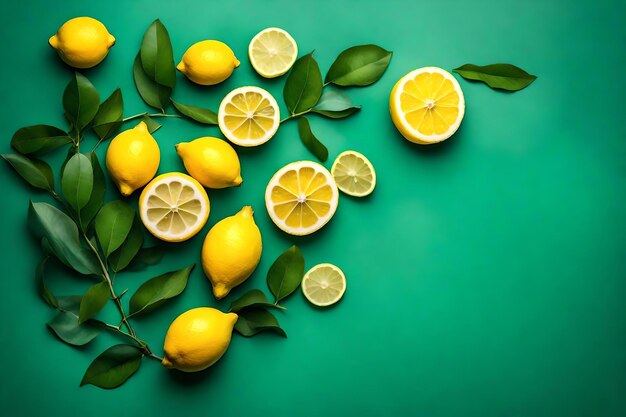 Lemon composition flat lay with free space for copy malachite background