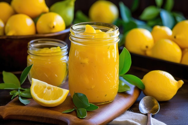 Lemon curd in a glass jar with fresh lemons created with generative ai