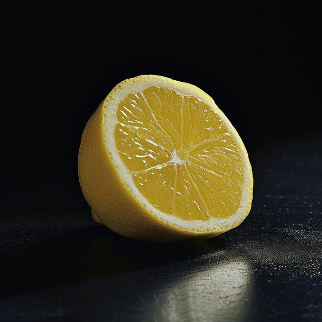 a lemon cut in half sits on a black table