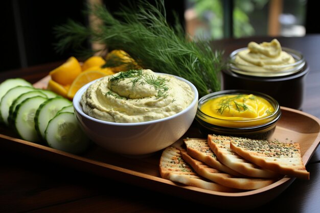 Photo lemon and dill hummus yummy delicious hummus food image food top view photography