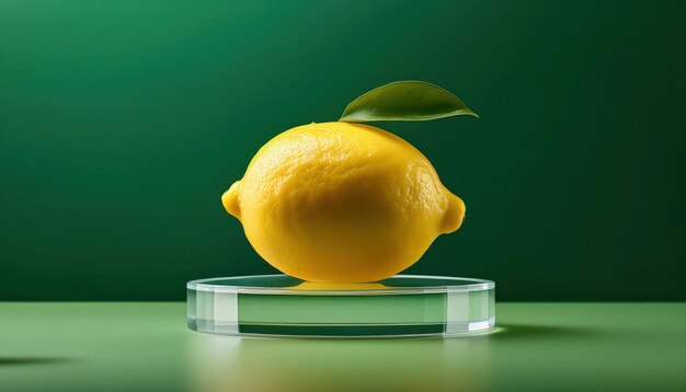 Photo lemon displayed on a clear podium against green background front perspective