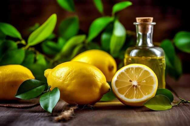 lemon essential oil alongside lemon and lemon leaves on a table