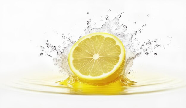 Photo a lemon falls into the water with a splash of water splash