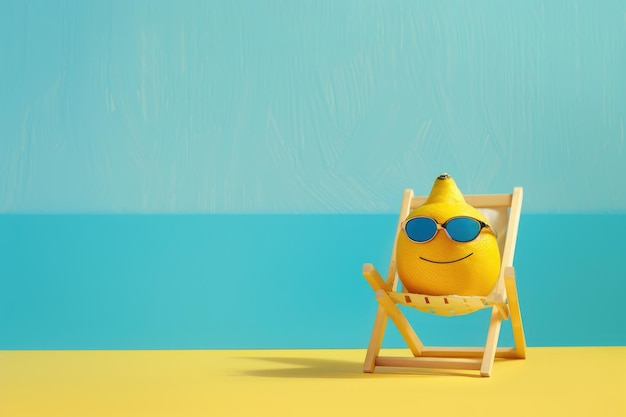 Photo lemon fruit chilling in beach chair on the blue and yellow background summer vacation concept sunglasses on lemon with green leaf relaxing on the sunbed creative art minimal aesthetic