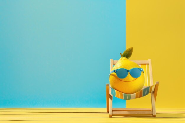 Photo lemon fruit chilling in beach chair on the blue and yellow background summer vacation concept sunglasses on lemon with green leaf relaxing on the sunbed creative art minimal aesthetic