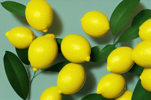 Lemon fruit. Lemon whole, Lemon slices with zest isolated. 3D rendering. Raster illustration.