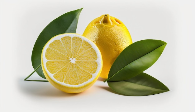 Lemon fruit with leaf isolate Lemon whole half slice leaves on white