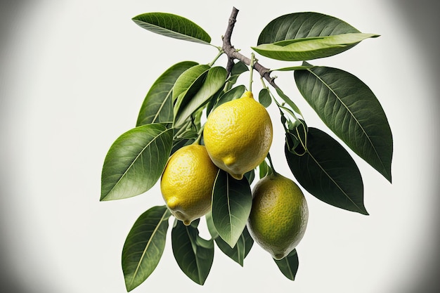 Lemon fruits hanging on a branch with leaves on a white backdrop route of clipping