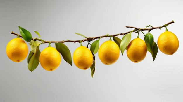 lemon fruits hanging with branch and leaves isolated