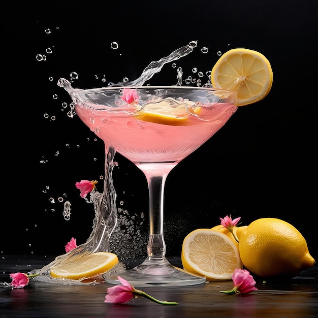 Lemon garnish splashing in pink craft cocktail glass