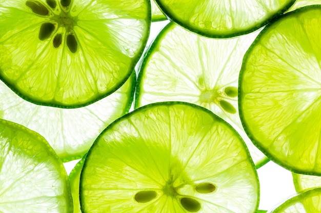 Lemon and green lime overlapped slices closeup backgroundMacro close up surface texture Juicy