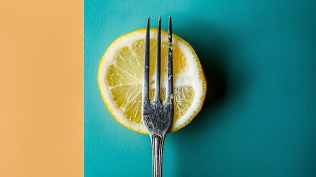 a lemon is cut in half and a fork is on a green background