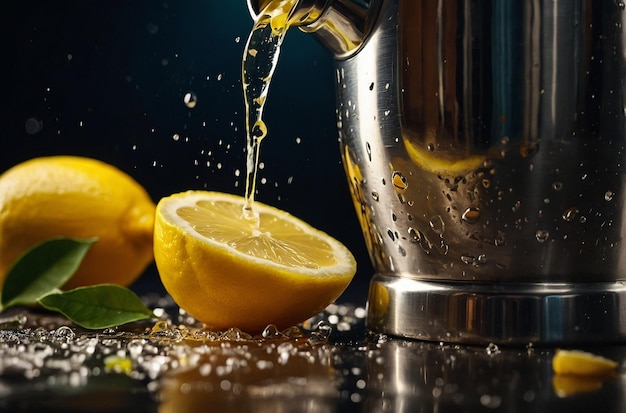 Lemon juice being poured into a cocktail shaker