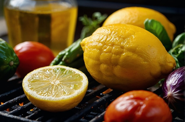 Lemon juice being squeezed onto grilled vegetables