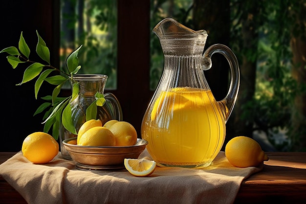 Lemon juice in elegant carafe natural cool lemon juice lemon drink splash