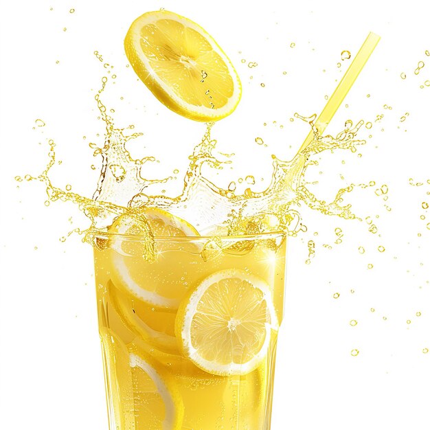 Photo lemon juice splashing out of a glass with straw