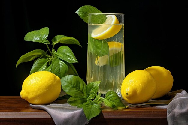 Lemon juice with basil sprig natural cool lemon juice lemon drink splash