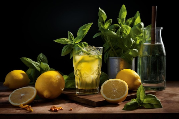 Lemon juice with basil sprig natural cool lemon juice lemon drink splash