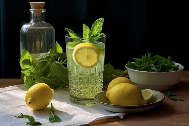 Lemon juice with herb garnish natural cool lemon juice lemon drink splash