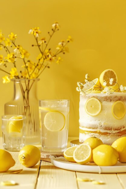 Photo lemon layer cake with fresh slices and yellow floral arrangement