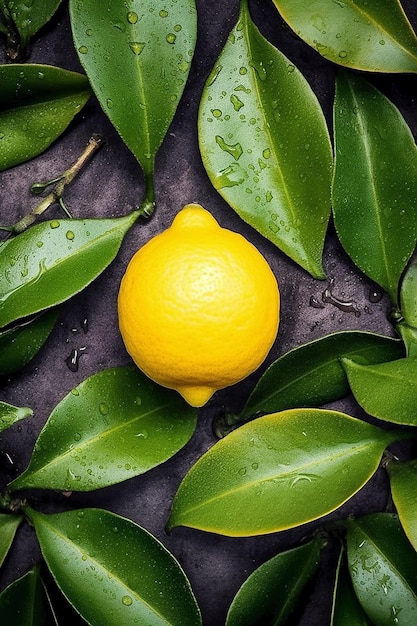 A lemon laying on the ground with green leaves.