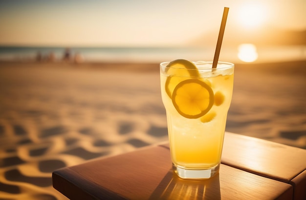 Lemon lemonade beach cocktail in glass on table at sea resort coast with sunset background