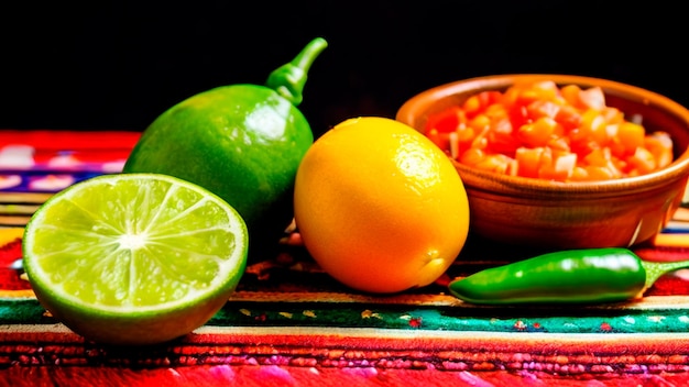 a lemon and lime are next to a lime and a bowl of fruit