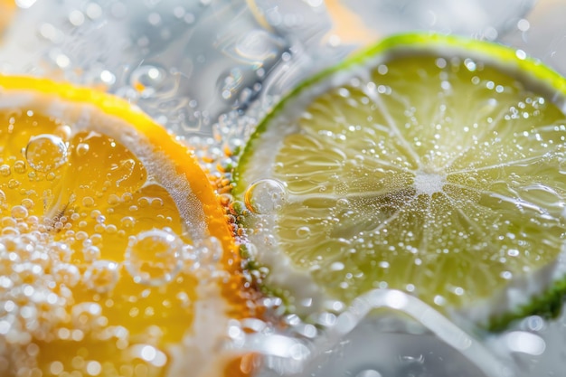 Photo lemon and lime slices submerged in water