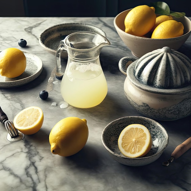 A lemon on a marble table with a juicer and lemonade