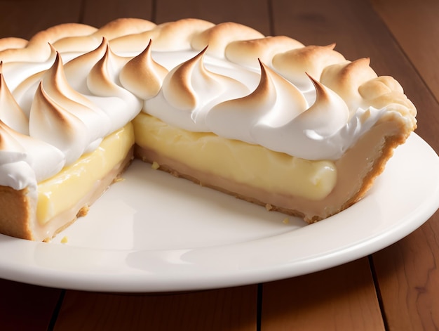 A lemon meringue pie is on a plate with a slice taken out of it.