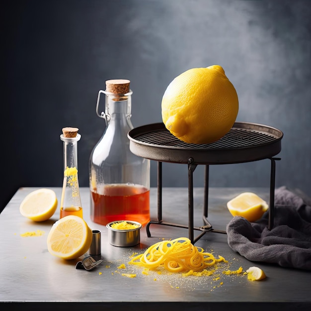 A lemon on a metal table and lemon zest