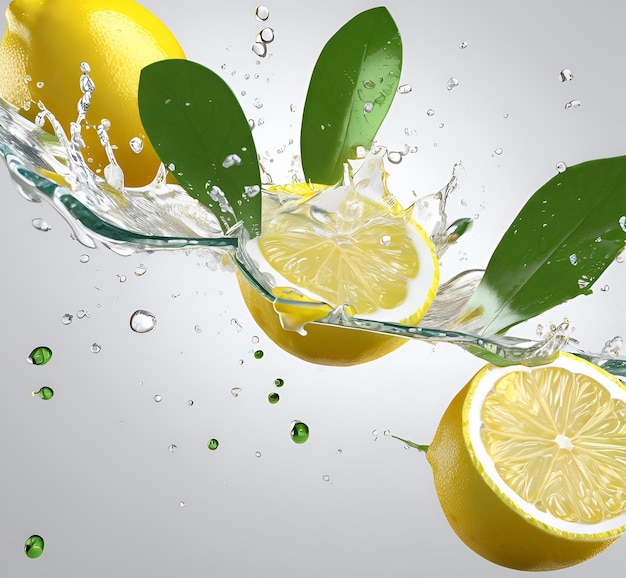 Photo lemon in a milk splash with a green leaf lemon splash milk with fresh water on a white background