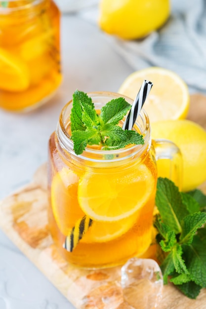 Lemon mint iced tea cocktail refreshing drink for summer days