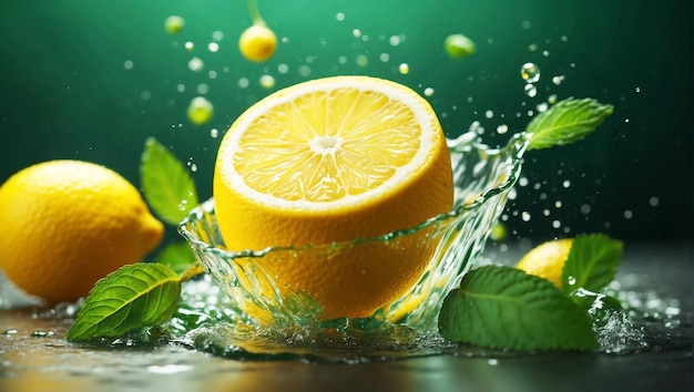 Lemon and mint splashing isolated on green