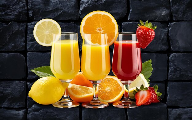 Lemon orange and strawberry juice on black stone background summer and healthy drinks concept