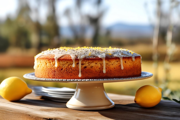 Lemon poppy seed cake on a rustic picnic table